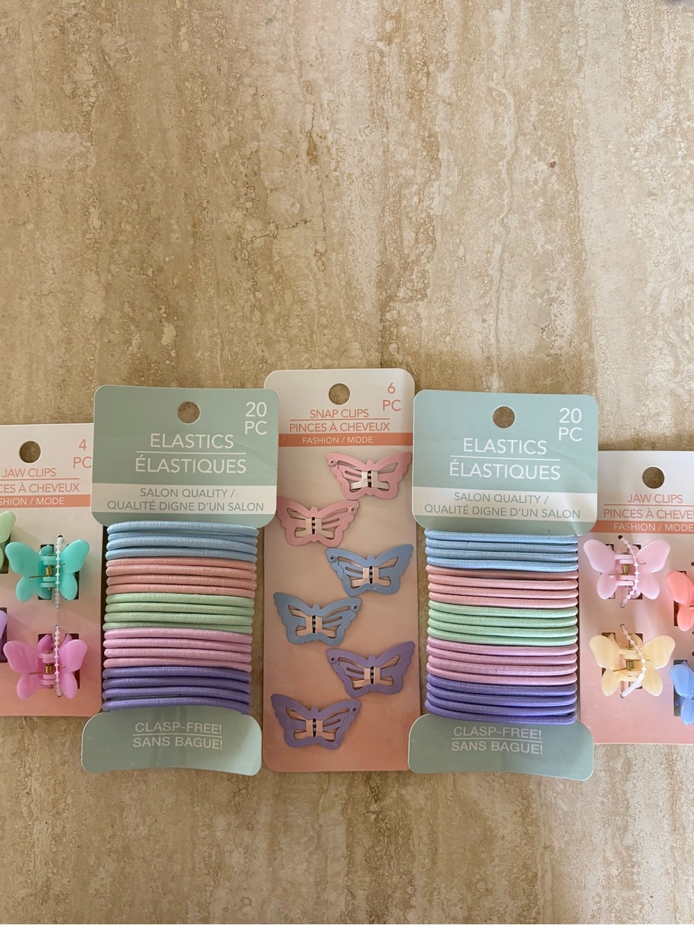 Set of 5 Butterfly Snap Clips & Matching Hair Elastics Set - Pastel Colors